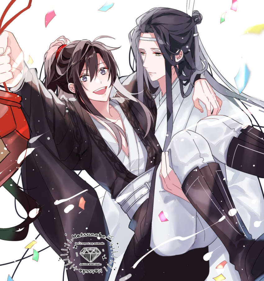2boys :d ahoge bishounen black_boots black_hair black_hanfu boots carrying chinese_clothes closed_mouth confetti grey_eyes hair_tie hanfu headband highres holding holding_jar hyottokoane jar knee_boots lan_wangji long_hair long_sleeves looking_at_viewer male_focus modao_zushi multiple_boys open_mouth pants ponytail princess_carry sidelocks simple_background smile topknot watermark wei_wuxian white_background white_hanfu white_headband white_pants wide_sleeves xiao_guan_(headdress) yaoi yellow_eyes