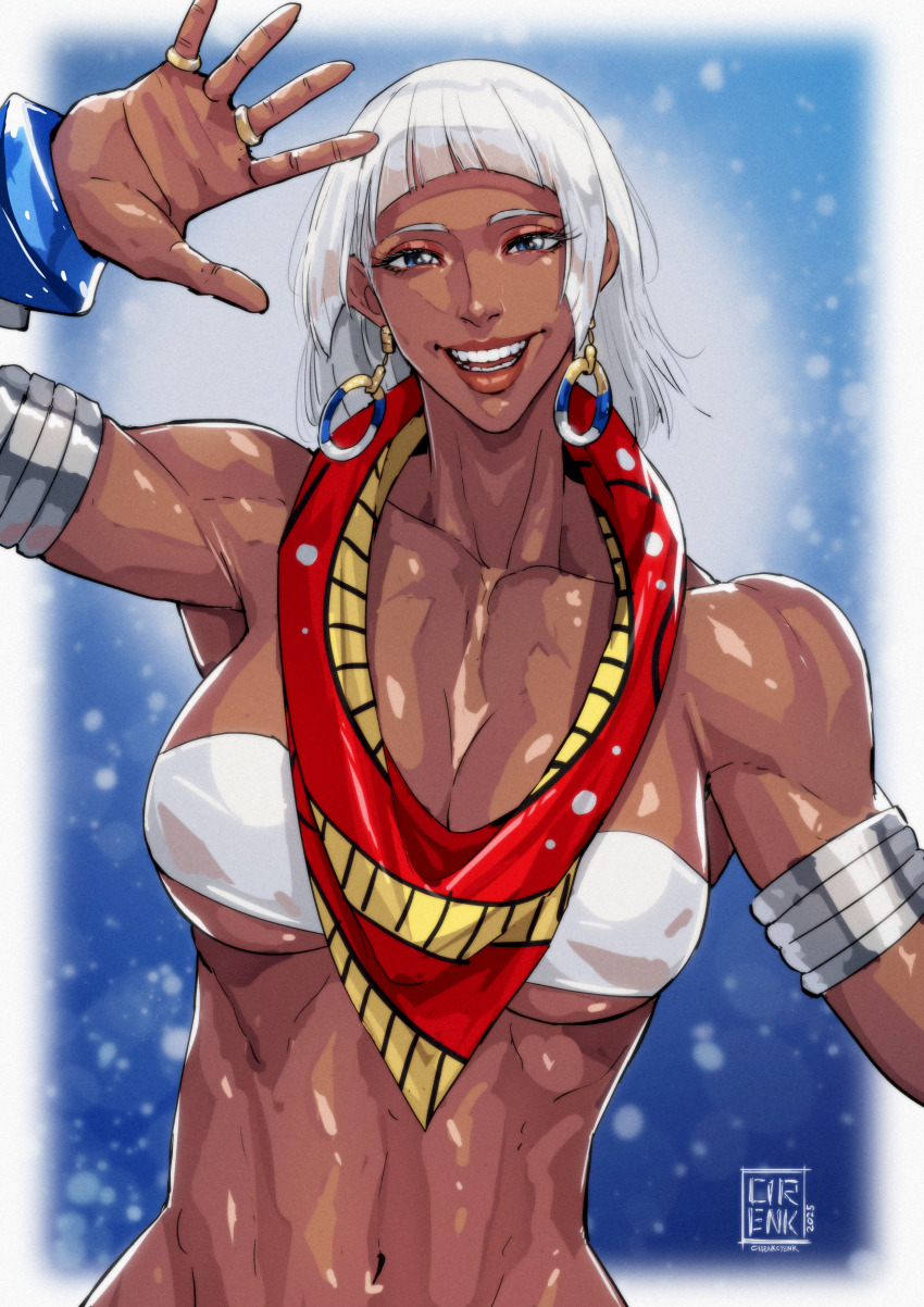 1girl 2025 absurdres artist_name blue_eyes bracelet breasts cirenk commentary dark-skinned_female dark_skin earrings elena_(street_fighter) gold_ring highres jewelry silver_armlet solo street_fighter street_fighter_6 teeth white_hair