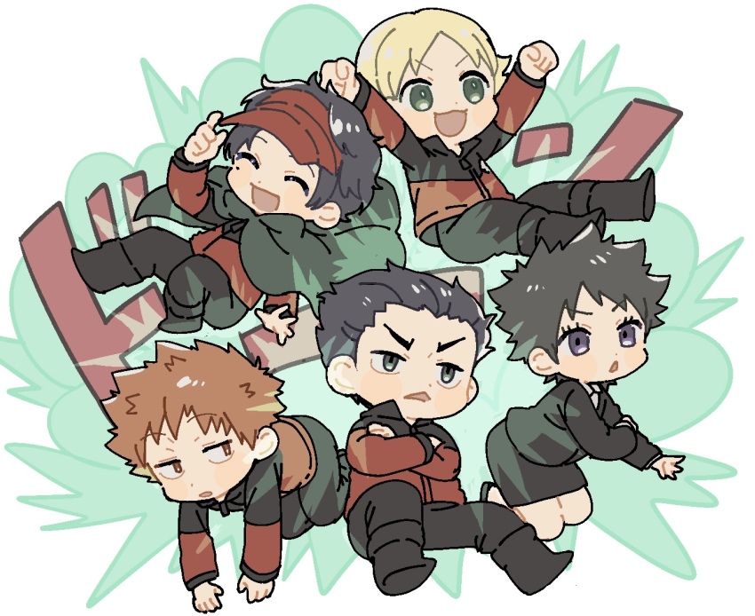 1girl 4boys ^_^ arms_up black_footwear black_hair black_jacket black_pants black_skirt blonde_hair chibi cloak closed_eyes crossed_arms explosion floating full_body green_cloak green_eyes hair_slicked_back hand_up hosoi_maori ikoma_tatsuhito jacket jitome kuzumiya_yuyu long_sleeves looking_at_viewer minamisawa_kai miniskirt mizukami_satoshi_(world_trigger) mole mole_under_eye multicolored_jacket multiple_boys oki_kouji open_mouth outstretched_arms pants pencil_skirt purple_eyes red_jacket short_hair simple_background skirt skirt_set spiked_hair two-tone_jacket uniform white_background world_trigger