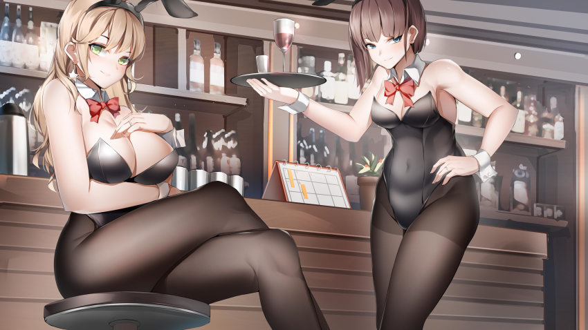 2girls absurdres alternate_costume animal_ears bar_(place) black_hairband black_legwear black_leotard blonde_hair blue_eyes bottle breasts brown_hair cup detached_collar drinking_glass earrings fake_animal_ears fake_tail green_eyes hairband highres holding holding_tray indoors jewelry leotard long_hair lubikaya missouri_(warship_girls_r) multiple_girls pantyhose playboy_bunny rabbit_ears rabbit_tail sitting small_breasts star_(symbol) star_earrings strapless strapless_leotard tail tray warship_girls_r wisconsin_(warship_girls_r) wrist_cuffs