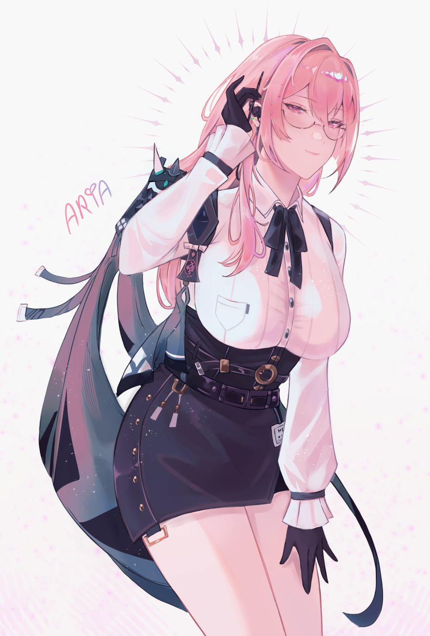 1girl a_r_i_a absurdres black_gloves black_ribbon black_skirt breasts cowboy_shot glasses gloves grey_background hair_intakes hand_up high-waist_skirt highres large_breasts long_hair long_sleeves looking_at_another miniskirt neck_ribbon pencil_skirt pink_hair purple_eyes ribbon shirt simple_background skirt smile solo standing thighs tsukishiro_yanagi very_long_hair white_shirt zenless_zone_zero