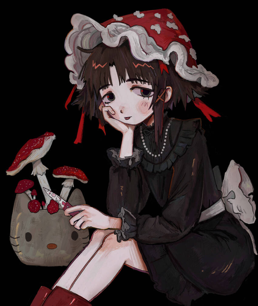 1girl absurdres asymmetrical_hair black_background black_dress brown_eyes brown_hair dress fffkorobka fly_agaric gothic_lolita hair_ornament hand_on_own_face head_rest hello_kitty highres holding holding_knife iwakura_lain jewelry knife lolita_fashion looking_at_viewer mushroom mushroom_hat necklace pearl_necklace sanrio serial_experiments_lain short_hair single_sidelock sitting solo tareme tongue tongue_out x_hair_ornament