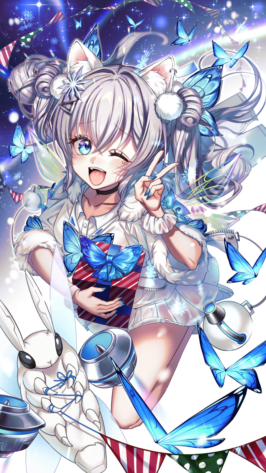 1girl 1other :d absurdres animal_ear_fluff animal_ears black_choker blue_eyes blue_nails box bug butterfly butterfly_hair_ornament choker double_bun fur-trimmed_sleeves fur_trim gift gift_box goddess_of_victory:_nikke hair_between_eyes hair_bun hair_ornament highres holding insect jacket light_blush long_hair looking_at_viewer mikaxruno n102_(miracle_fairy)_(nikke) n102_(nikke) nail_polish one_eye_closed open_mouth pleated_skirt pom_pom_(clothes) ribbon scrunchie see-through_clothes see-through_skirt shoes short_sleeves short_twintails skirt smile sneakers tearing_up twintails v white_footwear white_hair white_jacket white_skirt wrist_scrunchie