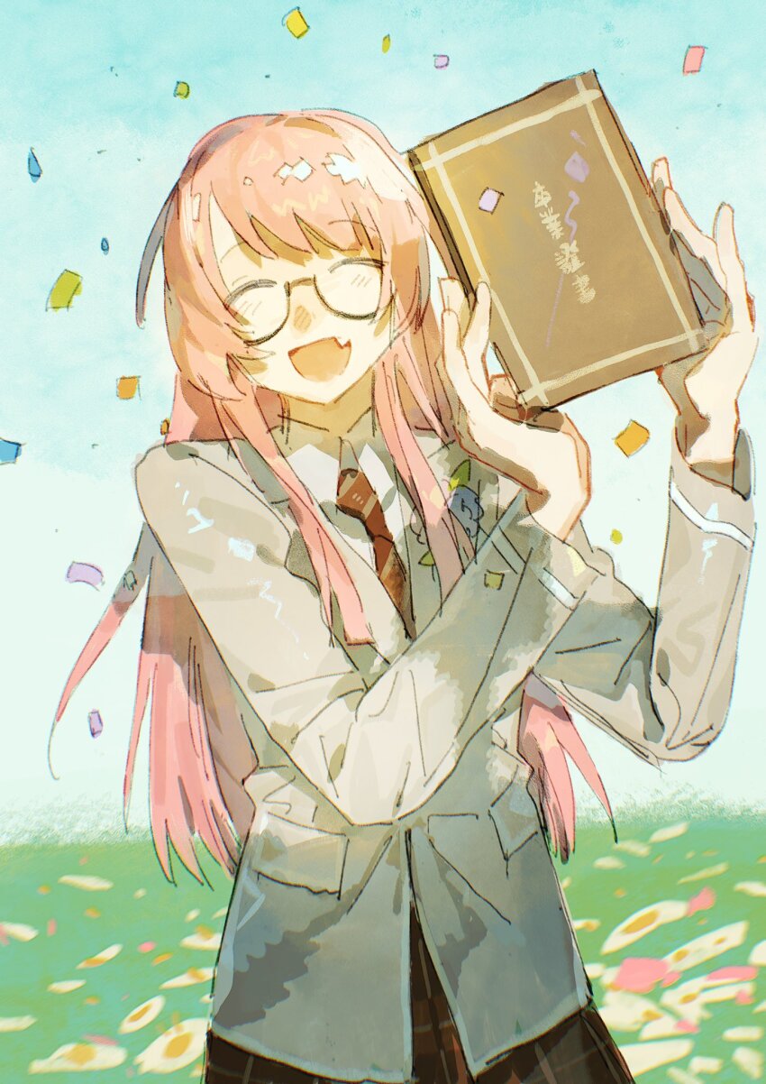 1girl :d ^_^ bang_dream! bang_dream!_it&#039;s_mygo!!!!! blazer blue_flower blue_sky brown_necktie brown_skirt chihaya_anon closed_eyes collared_shirt commentary confetti corsage cowboy_shot diagonal-striped_clothes diagonal-striped_necktie diploma diploma_folder facing_viewer fang flower glasses graduation grass grey_jacket hands_up haneoka_school_uniform highres holding holding_diploma jacket leaf light_blush long_hair long_sleeves necktie open_mouth pink_hair plaid_clothes plaid_skirt pocket school_uniform semi-rimless_eyewear shirt skirt sky smile solo striped_clothes striped_necktie swept_bangs translated white_shirt xianzhaosketch
