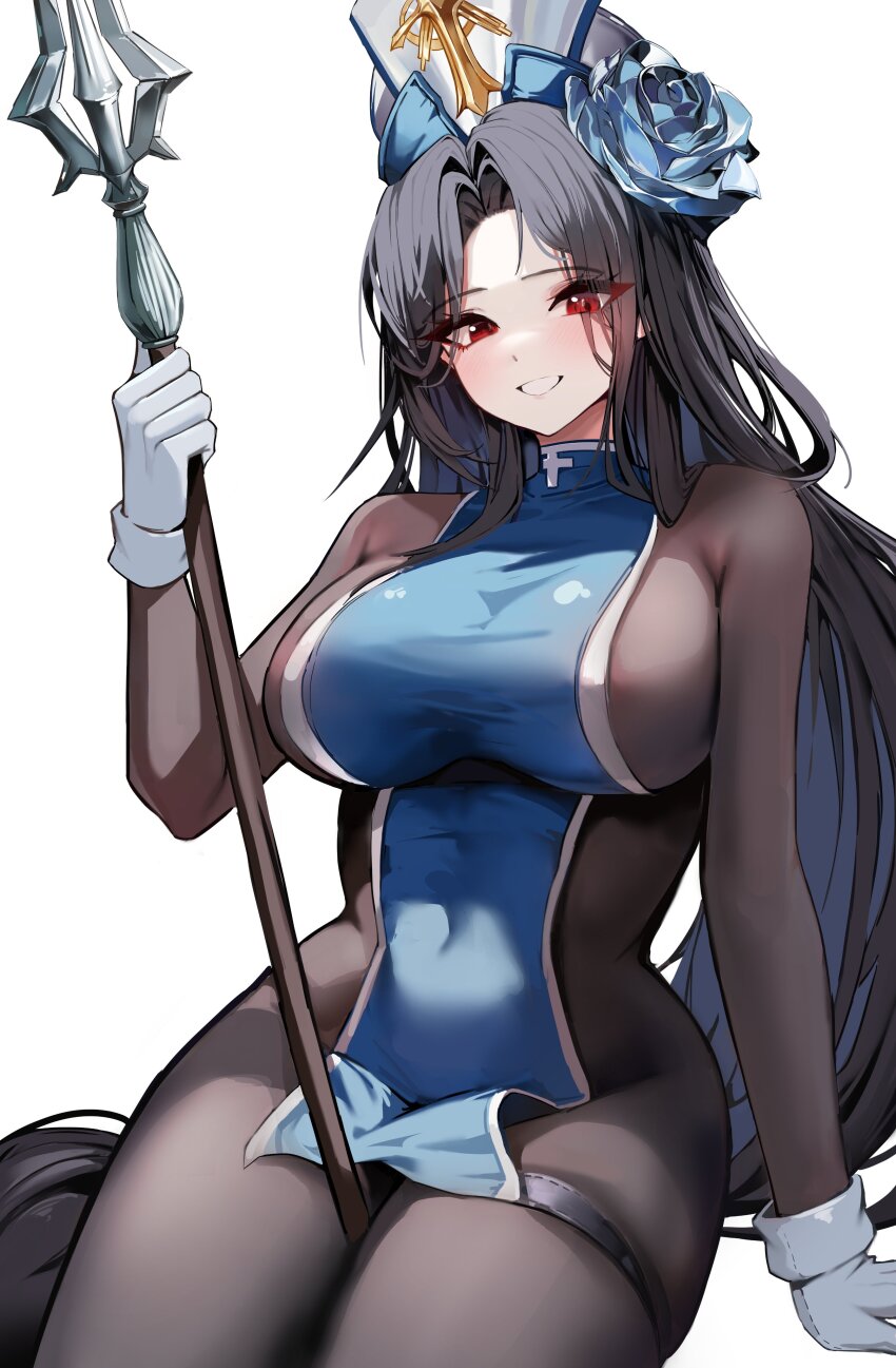1girl absurdres blue_tabard bodystocking bodysuit breasts brown_bodysuit bryuni gloves goddess_of_victory:_nikke hat highres holding holding_mace holding_weapon ice_flower mace maiden_(ice_rose)_(nikke) maiden_(nikke) mitre official_alternate_costume simple_background solo tabard weapon white_background white_gloves