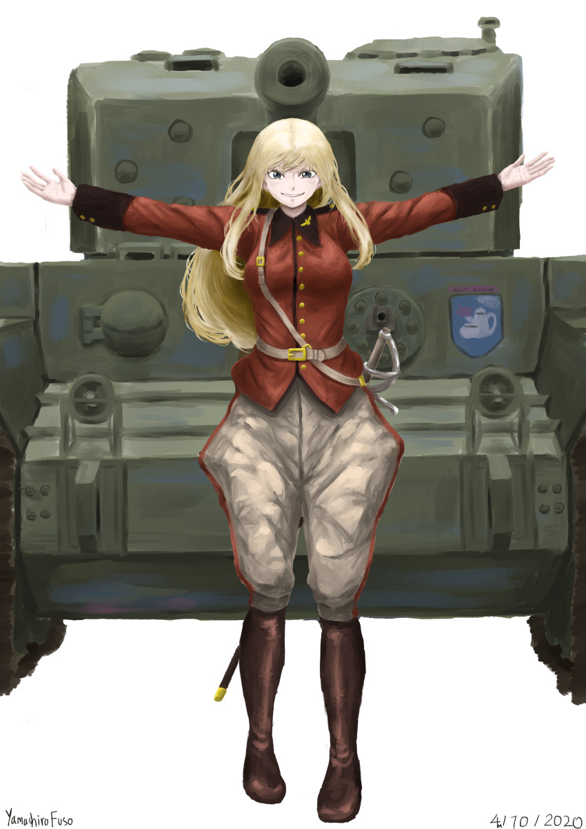 1girl absurdres adapted_costume belt blonde_hair brown_belt brown_footwear cavalry_sword cromwell_(tank) earl_grey_(girls_und_panzer) emblem floating_hair girls_und_panzer girls_und_panzer_saga_of_pravda highres jacket long_hair military_vehicle motor_vehicle outstretched_arms pants red_jacket scabbard sheath spread_arms st._gloriana&#039;s_(emblem) st._gloriana&#039;s_military_uniform standing tank user_wtan7232 white_pants