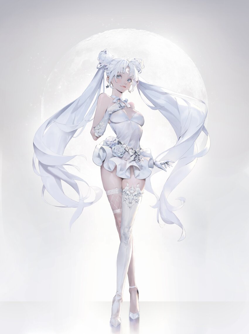 1girl absurdres ahoge bare_shoulders belt bishoujo_senshi_sailor_moon bishoujo_senshi_sailor_moon_stars blue_eyes blush boots bow character_request check_character choker closed_mouth collarbone crescent crescent_facial_mark double_bun dress earrings elbow_gloves facial_mark flower forehead_mark frilled_dress frills full_moon gloves hair_bun hand_on_own_chest high_heel_boots high_heels highres jewelry jung_wonjo long_hair magical_girl moon necktie parted_bangs pleated_dress ribbon rose sailor_cosmos sailor_moon short_dress sidelocks single_boot single_thigh_boot sleeveless sleeveless_dress smile solo standing star_(symbol) star_earrings thigh_boots tsukino_usagi twintails very_long_hair white_belt white_bow white_choker white_dress white_flower white_gloves white_hair white_necktie white_ribbon white_rose