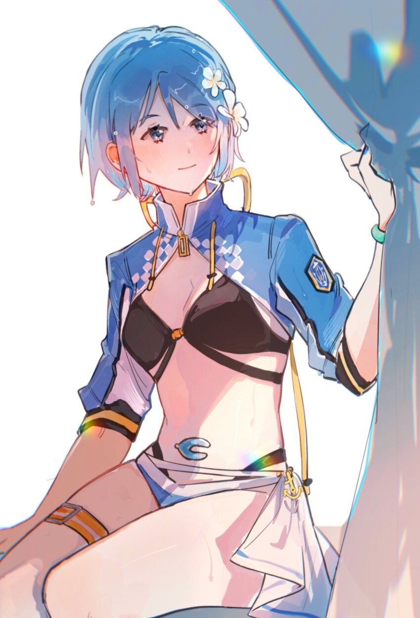 1girl bikini bikini_under_clothes black_bikini blue_eyes blue_hair blue_jacket bracelet flower hair_flower hair_ornament highres jacket jewelry looking_to_the_side magia_record:_mahou_shoujo_madoka_magica_gaiden mahou_shoujo_madoka_magica miki_sayaka miki_sayaka_(surfer_ver.) official_alternate_costume short_hair short_sleeves sitting solo soul_gem swimsuit thigh_strap wariza ziyin