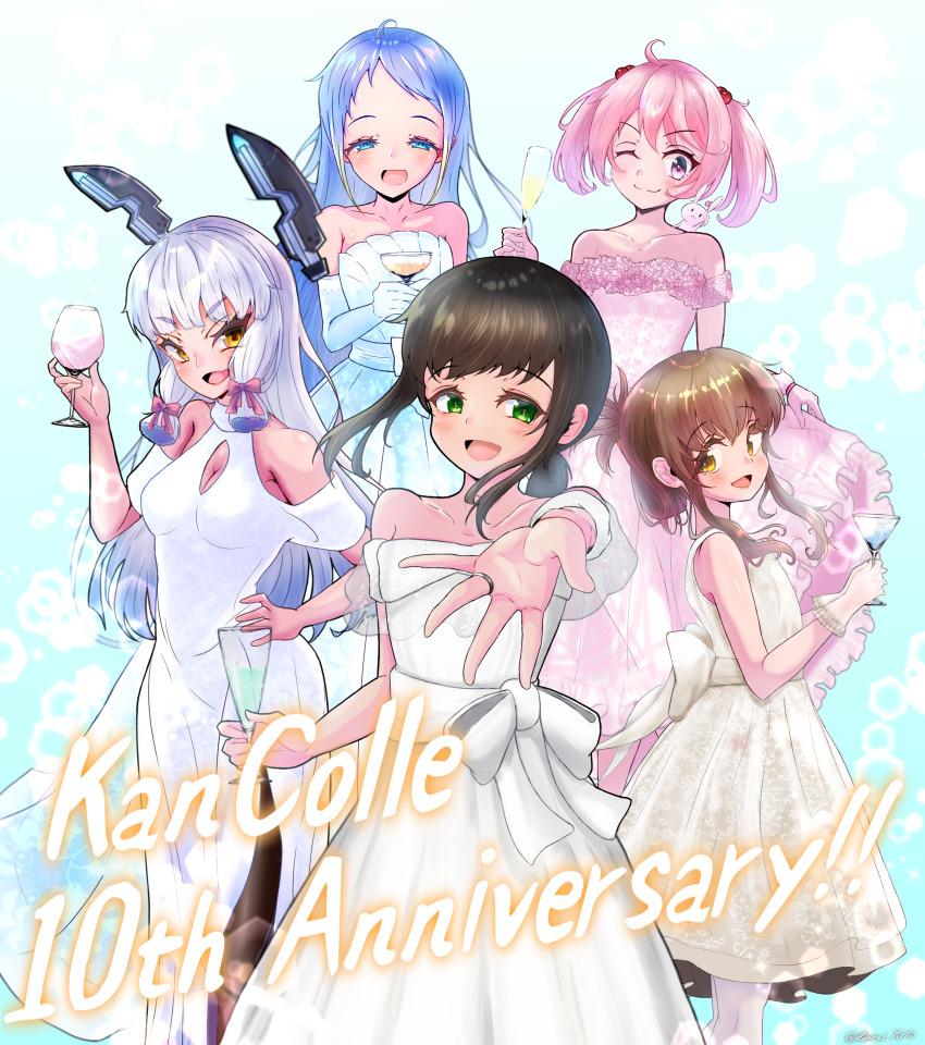 5girls absurdres ahoge alternate_costume anniversary bare_shoulders black_hair black_pantyhose blue_eyes blue_hair breasts brown_eyes brown_hair champagne_flute cleavage_cutout clothing_cutout commentary_request copyright_name cup dress drinking_glass elbow_gloves feet_out_of_frame floating_headgear folded_ponytail foreshortening fubuki_(anniversary)_(kancolle) fubuki_(kancolle) gloves green_eyes grey_hair hair_bobbles hair_ornament hair_ribbon hand_on_own_hip headgear highres inazuma_(kancolle) kantai_collection long_hair looking_at_viewer low_ponytail medium_breasts medium_hair multiple_girls murakumo_(kancolle) naval_flag off-shoulder_dress off_shoulder official_alternate_costume one_eye_closed orange_eyes pantyhose pink_dress pink_eyes pink_hair ponytail ribbon samidare_(kancolle) sazanami_(kancolle) short_eyebrows short_hair short_ponytail sidelocks skirt_hold sleeveless sleeveless_dress smile solo standing strapless strapless_dress tress_ribbon twintails white_dress white_gloves white_pantyhose wine_glass yoko_hata