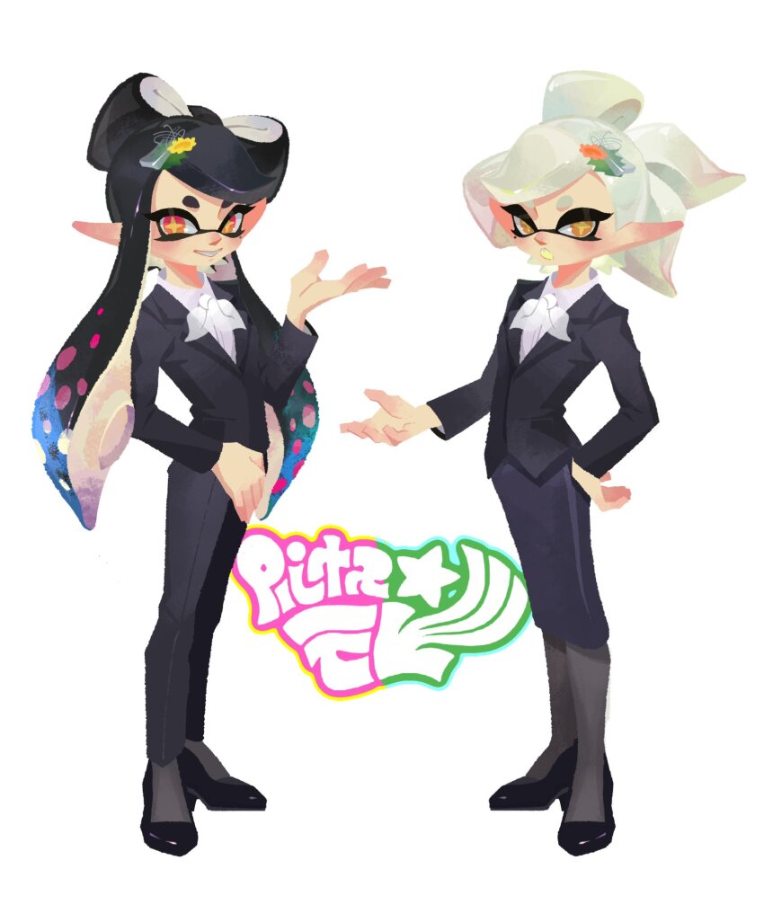 2girls arm_up black_footwear black_hair black_suit bow-shaped_hair callie_(news_anchor)_(splatoon) callie_(splatoon) callie_(splatoon)_(cosplay) commentary_request cosplay cousins eyelashes formal_clothes grey_hair hand_on_own_hip high_heels highres inkling liizi_lc long_hair marie_(splatoon) medium_hair mole mole_under_eye multiple_girls nintendo official_alternate_costume pointy_ears short_eyebrows simple_background smile splatoon_(series) splatoon_3 star-shaped_pupils star_(symbol) suit symbol-shaped_pupils teeth tentacle_hair thick_eyebrows white_background