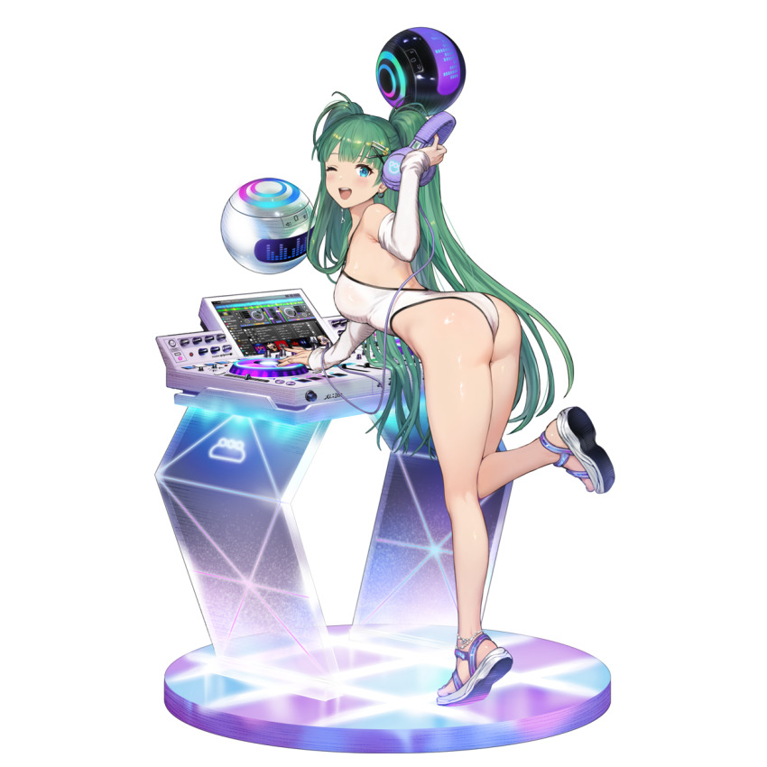 1girl armpits ass blue_eyes breasts brown_dust_(series) brown_dust_2 dj drone elbow_gloves eyebrows_hidden_by_hair gloves graphic_equalizer green_hair hair_ornament hairclip headphones highres holding holding_headphones large_breasts long_hair looking_at_viewer mixing_console monitor official_art one-piece_swimsuit one_eye_closed open_mouth second-party_source smile solo standing standing_on_one_leg swimsuit table teeth twintails upper_teeth_only venaka_(brown_dust_2) very_long_hair white_gloves white_one-piece_swimsuit