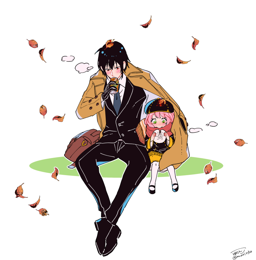 1boy 1girl absurdres ahoge anya_(spy_x_family) autumn_leaves awarinko backpack bag beret black_dress black_hair black_hat black_jacket black_pants black_shoes blush brown_coat can coat collared_shirt colored_shadow dress falling_leaves food fringe_trim green_eyes grey_necktie hat highres holding holding_can holding_food jacket leaf leaf_on_head necktie open_clothes open_coat outline pants pantyhose pink_hair red_eyes red_scarf scarf school_uniform shadow shared_clothes shared_coat shirt shoes signature simple_background spy_x_family steamed_bun twitter_username white_background white_outline white_pantyhose white_shirt yuri_briar