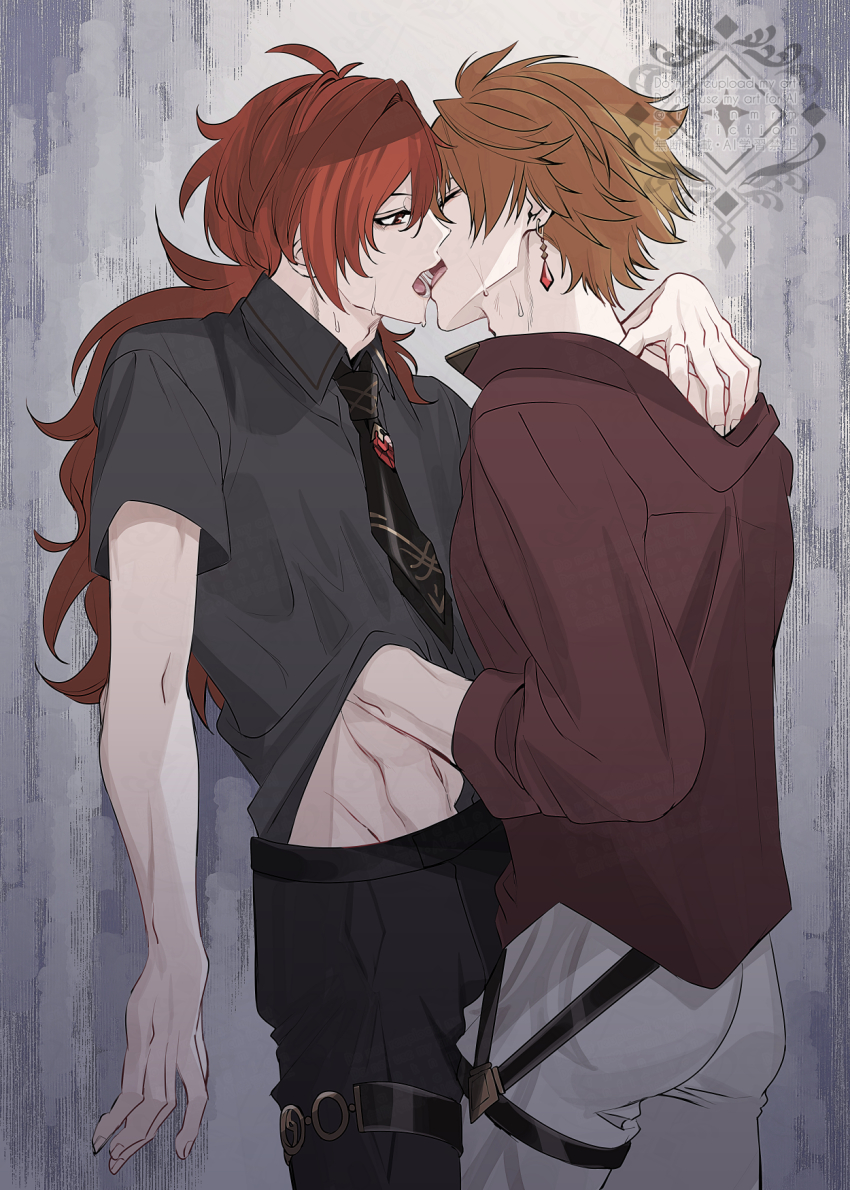 2boys black_necktie black_pants black_shirt blue_eyes closed_eyes diluc_(genshin_impact) earrings french_kiss genshin_impact grey_pants hair_between_eyes highres hiki_yuichi imminent_kiss jewelry kiss long_hair male_focus multiple_boys navel necktie open_clothes open_mouth open_shirt orange_hair pants red_eyes red_hair red_shirt shirt short_hair stomach tartaglia_(genshin_impact) yaoi