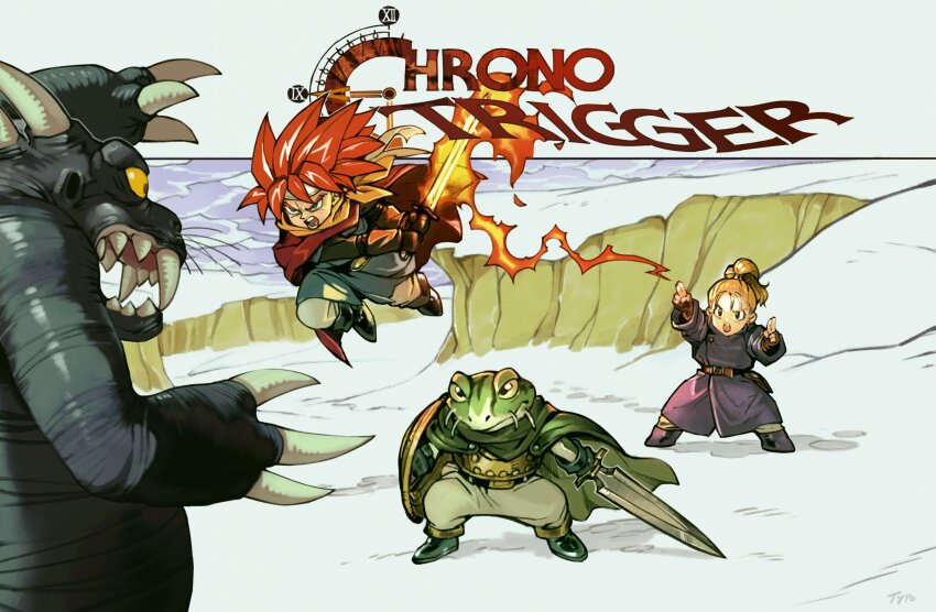 1girl 1other 2boys black_boots black_robe blonde_hair blue_tunic boots chrono_trigger claws cloak colored_skin crono_(chrono_trigger) fangs fighting_stance flaming_sword flaming_weapon frog_(chrono_trigger) frog_boy furrowed_brow green_cloak green_skin grey_pants headband highres holding holding_shield holding_sword holding_weapon jumping long_hair marle_(chrono_trigger) monster multiple_boys neckerchief open_mouth optionaltypo orange_neckerchief outdoors pants ponytail red_cloak red_hair redrawn robe sharp_teeth shield shouting snow spiked_hair sword teeth tundra tunic weapon white_headband white_pants winter yellow_eyes