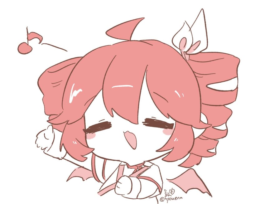 1girl ahoge chibi chibi_only closed_eyes drill_hair hair_ribbon hand_up highres hyouenn kasane_teto kasane_teto_(sv) limited_palette long_sleeves musical_note open_mouth red_hair ribbon signature simple_background smile solo synthesizer_v twin_drills twitter_username upper_body utau white_background white_ribbon wings