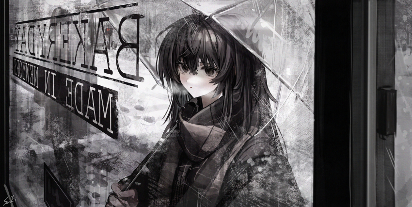 1girl absurdres black_coat black_hair black_scarf coat commentary footprints from_inside grey_eyes highres holding holding_umbrella long_hair looking_inside original parted_lips people road scarf senakira signature snow solo_focus transparent transparent_umbrella umbrella upper_body window