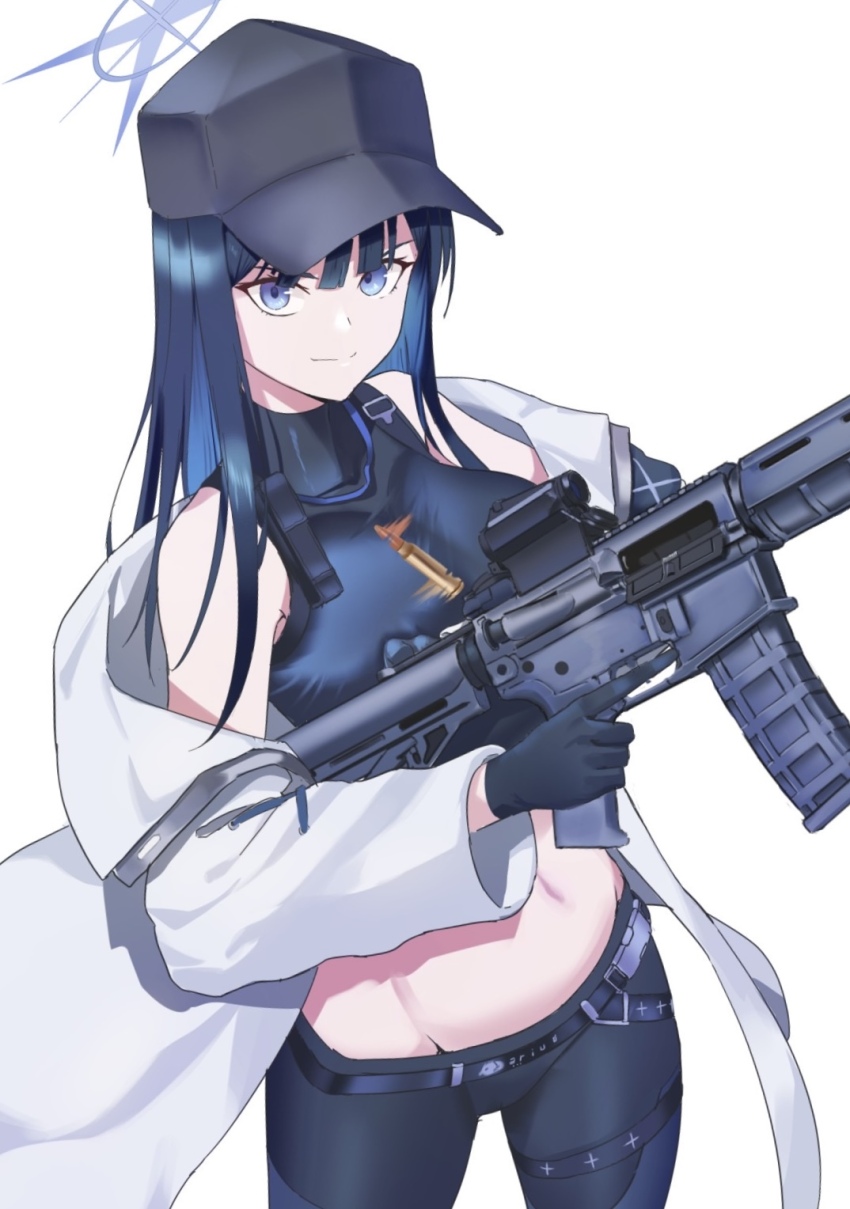 1girl bare_shoulders baseball_cap black_hat blue_archive blue_eyes blue_gloves blue_hat blue_pants blue_shirt breasts commentary cowboy_shot crop_top gloves gun hat highres holding holding_gun holding_weapon large_breasts leggings lom_(lom_lom_8) long_hair long_sleeves looking_at_viewer medium_breasts midriff navel pants rifle saori_(blue_archive) shirt simple_background sleeveless sleeveless_shirt smile solo standing stomach thighs weapon white_background