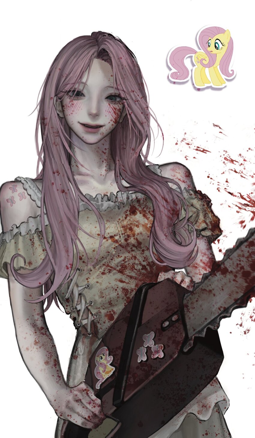 1girl aqua_eyes bare_shoulders blood blood_in_hair blood_on_clothes blood_on_face blood_on_hands bloody_clothes bloody_dress blush butterfly_tattoo chainsaw collarbone commentary cutie_mark dress fluttershy highres holding holding_chainsaw long_hair looking_at_viewer my_little_pony my_little_pony:_friendship_is_magic nose official_art_inset open_mouth pale_skin personification pink_hair pink_lips pony_(animal) shoulder_tattoo simple_background sleeveless sleeveless_dress smile solo sticker symbol-only_commentary t0myu3 tattoo teeth upper_teeth_only white_background yellow_dress