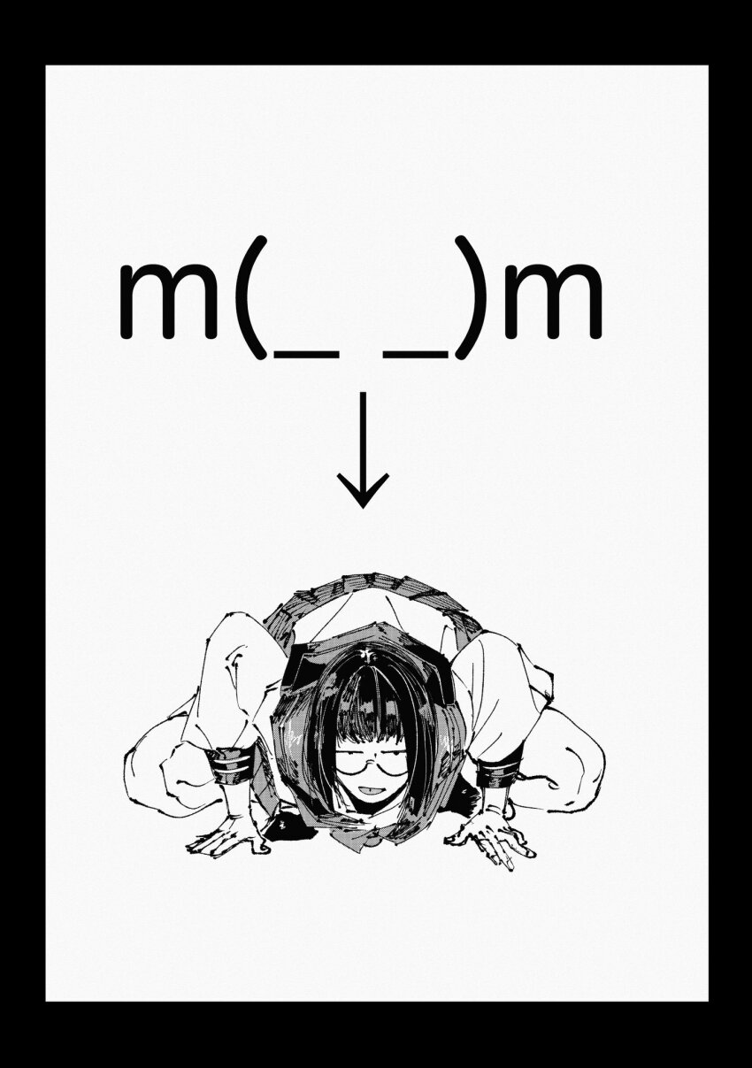 1girl all_fours arrow_(symbol) bob_cut bowing breasts emoji full_body glasses greyscale hachinuki_tetsuyo hands_on_ground highres imminent_pounce jitome kaomoji long_sleeves looking_at_viewer monochrome original pleated_skirt school_uniform serafuku short_hair skirt solo squatting straight-on toned toned_female tongue tongue_out