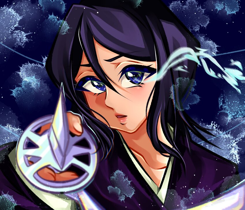 1girl absurdres black_hair black_kimono bleach highres japanese_clothes kimono kuchiki_rukia kyranyan looking_at_viewer open_mouth shikai shinigami short_hair simple_background sode_no_shirayuki_(shikai) solo weapon zanpakutou