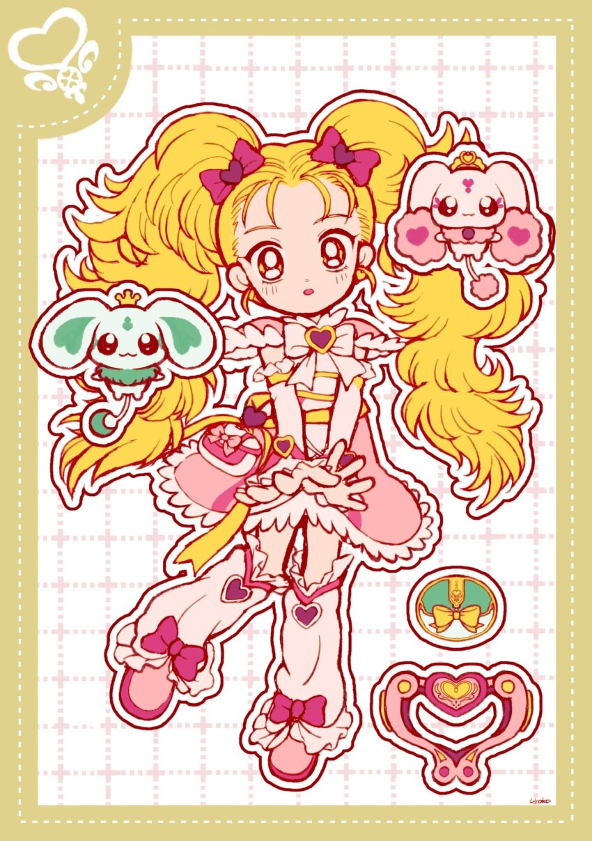 1girl belt belt_bag blonde_hair border bow bow_legwear bowtie bright_pupils brooch compact_(cosmetics) cosmetics deformed dot_nose dotted_line dress earrings expressionless forehead frilled_arm_warmers frilled_dress frilled_leg_warmers frilled_sleeves frills full_body futari_wa_precure futari_wa_precure_max_heart gold_earrings grid_background hair_bow hair_ornament heart heart_brooch heart_earrings heart_hair_ornament highres jewelry kujou_hikari leg_warmers light_blush long_hair looking_at_viewer lulun magical_girl medium_dress outline palms parted_lips pink_bow pink_bowtie pink_dress pink_ribbon pink_shoes porun precure purple_brooch ribbon shiny_luminous shoes short_sleeves signature standing tareme twintails uwded_207 very_long_hair white_arm_warmers white_background white_bag white_leg_warmers white_outline white_pupils wrist_ribbon yellow_belt yellow_border yellow_eyes