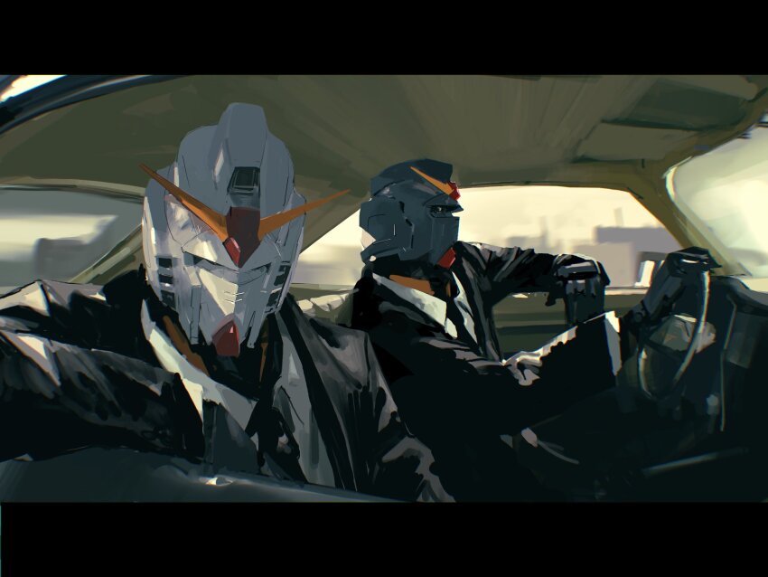 black_jacket black_necktie car_interior clothed_robot collared_shirt commentary dress_shirt driving english_commentary gundam gundam_mk_ii highres jacket left-hand_drive letterboxed long_sleeves mecha mecha_focus mobile_suit necktie no_humans parody pulp_fiction rintaro_komori robot scene_reference shirt suit_jacket titans_(gundam) v-fin white_shirt zeta_gundam