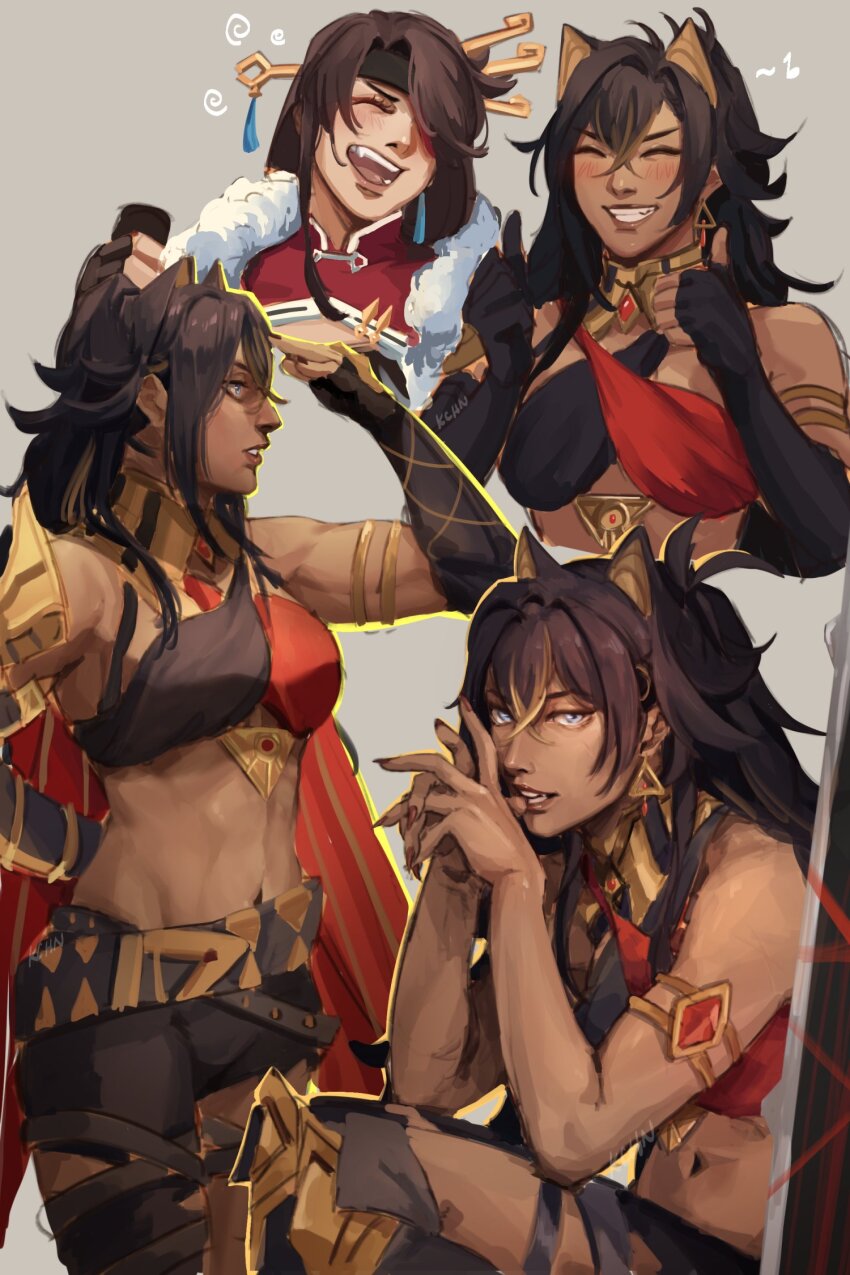 2girls angerykacchan armlet armor artist_name bandeau beidou_(genshin_impact) belt black_bandeau black_belt black_hair black_shorts blonde_hair blonde_streaks blue_eyes blush breasts brown_hair closed_eyes commentary cowboy_shot dark-skinned_female dark_skin dehya_(genshin_impact) earrings elbow_gloves english_commentary fingerless_gloves fingernails fur_trim genshin_impact gloves gold_trim hair_between_eyes hair_ears hand_on_own_back highres jewelry key_hair_ornament laughing long_hair looking_at_viewer looking_to_the_side medium_breasts midriff multiple_girls multiple_thigh_straps musical_note navel open_mouth own_hands_together parted_lips red_bandeau sharp_fingernails short_shorts shorts shoulder_armor single_earring single_fingerless_glove sitting smile spoken_musical_note standing teeth thumbs_up toned toned_female upper_body usekh_collar
