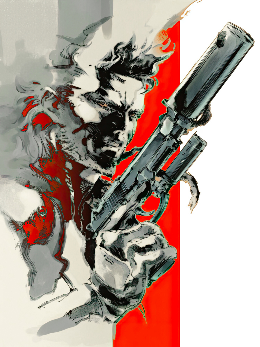 1boy artbook box_art clenched_teeth commentary english_commentary facial_hair from_side gloves gun handgun highres holding holding_gun holding_weapon laser_sight long_hair looking_to_the_side male_focus metal_gear_(series) metal_gear_solid_2:_sons_of_liberty official_art parted_lips promotional_art red_background scan shinkawa_youji simple_background solid_snake solo suppressor teeth third-party_source trigger_discipline two-tone_background weapon white_background
