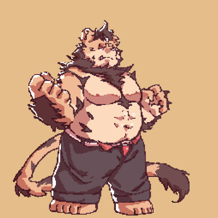 1boy abs animated animated_gif artist_request bara bulge full_body furry furry_male highres large_pectorals lion_boy looking_to_the_side male_focus male_underwear male_underwear_peek muscular muscular_male navel nipples open_fly original pectorals pixel_art red_male_underwear short_hair simple_background solo sprite standing stomach strongman_waist tail thick_eyebrows tusks underwear