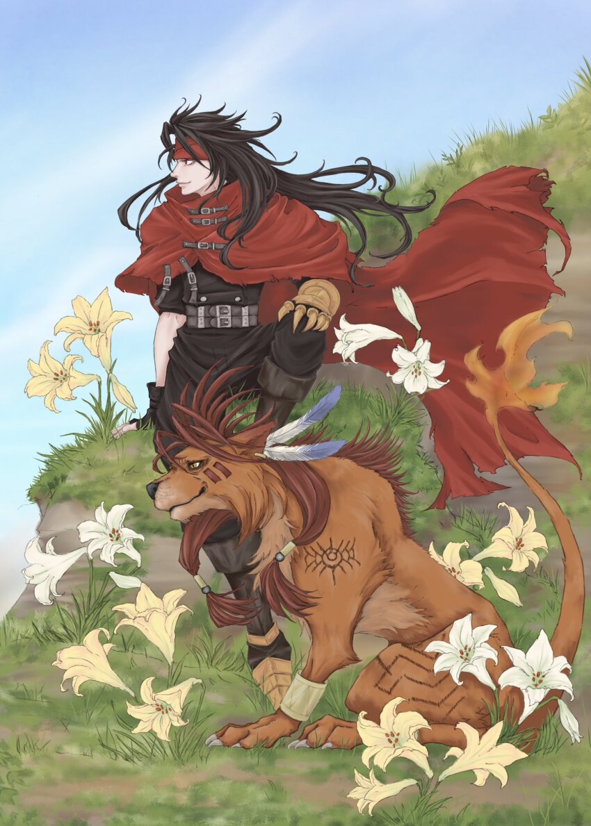 2boys animal beads belt black_gloves black_hair black_pants black_shirt blue_sky body_markings brown_hair clawed_gauntlets claws cloak closed_mouth commentary_request facial_mark feather_hair_ornament feathers final_fantasy final_fantasy_vii flame-tipped_tail flower gloves grass hair_beads hair_ornament headband highres lily_(flower) long_hair looking_to_the_side male_focus msa_mne multiple_belts multiple_boys nature orange_fur outdoors pants profile red_cloak red_headband red_xiii shirt sidelocks sitting sky smile vincent_valentine white_flower yellow_flower