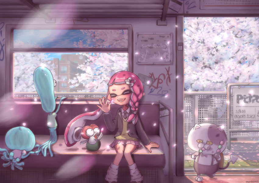 1girl :d ^_^ absurdres artist_name black_jacket black_necktie blue_sky blush braid building cherry_blossoms closed_eyes cloud collared_shirt commentary_request dango day falling_petals fangs fence food graffiti grey_skirt hair_ornament hand_up highres holding holding_food holding_petal inkling inkling_girl inkling_player_character jacket jellyfish_(splatoon) judd_(splatoon) kneeling lapels long_hair long_sleeves looking_outside loose_socks miniskirt moromi_(kscd4482) necktie nintendo open_clothes open_jacket open_mouth petals pink_hair pleated_skirt railing sanshoku_dango scenery school_uniform shirt short_eyebrows short_sleeves side_braid sidelocks sign single_braid sitting skirt sky smallfry_(splatoon) smile socks splatoon_(series) splatoon_3 suction_cups sweater t-shirt teeth tentacle_hair train_interior tree very_long_hair wagashi walking white_shirt white_socks window wing_collar yellow_sweater