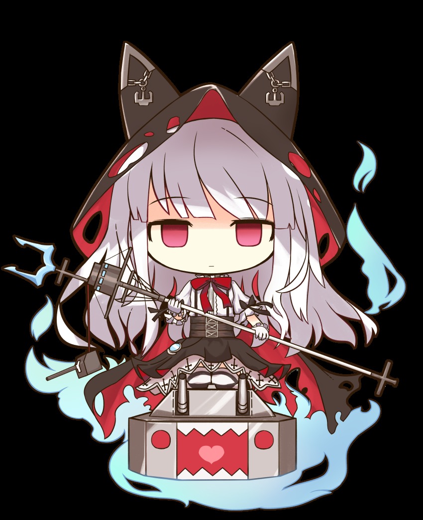 1girl absurdres akihiyo anchor animal_hood azur_lane black_cape black_skirt blue_fire bow bowtie cannon cape cat_hood chain closed_mouth empty_eyes erebus_(azur_lane) female_focus fire gloves heart heart_in_mouth high-waist_skirt highres holding hood hooded_cape puffy_short_sleeves puffy_sleeves purple_eyes red_bow red_bowtie shaded_face sharp_teeth ship_turret shirt short_sleeves silver_hair simple_background skirt solo striped_clothes striped_thighhighs suspender_skirt suspenders teeth thighhighs torn_clothes transparent_background white_background white_gloves white_shirt