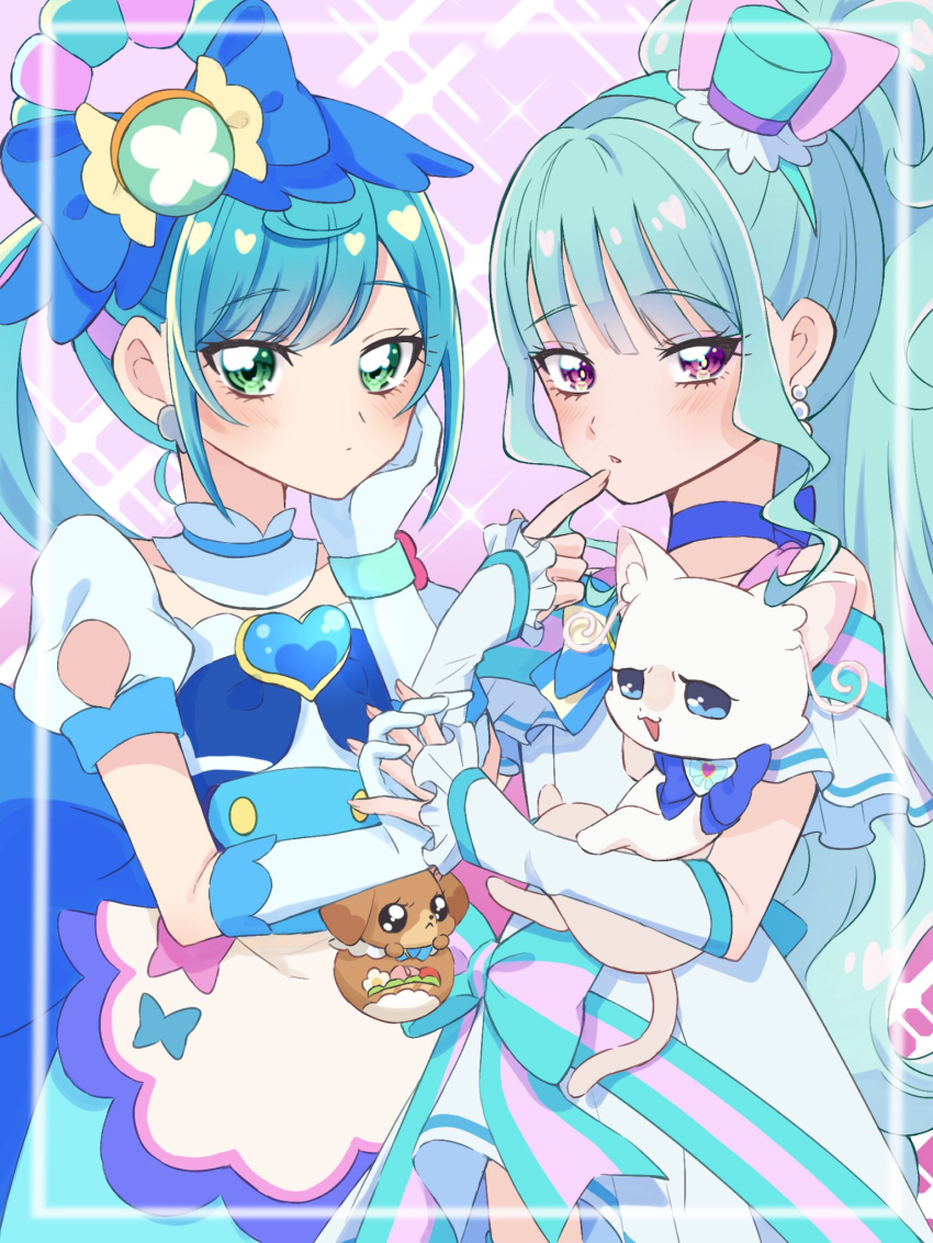 3girls aqua_hair aqua_hairband aqua_hat arm_warmers blue_bow blue_bowtie blue_choker blue_eyes blue_hair blush bow bowtie brooch cat choker closed_mouth cure_lillian cure_spicy delicious_party_precure dog dress earrings elbow_gloves fairy fuwa_kokone gloves green_eyes hair_bow hairband hat heart heart_brooch highres holding_hands jewelry long_hair magical_girl mini_hat mini_top_hat multicolored_hair multiple_girls nekoyashiki_mayu nekoyashiki_yuki nekoyashiki_yuki_(cat) off-shoulder_dress off_shoulder open_mouth pam-pam pearl_earrings ponytail precure puffy_short_sleeves puffy_sleeves purple_eyes shigen_pr short_sleeves top_hat two-tone_dress two-tone_hair white_dress white_gloves wonderful_precure!