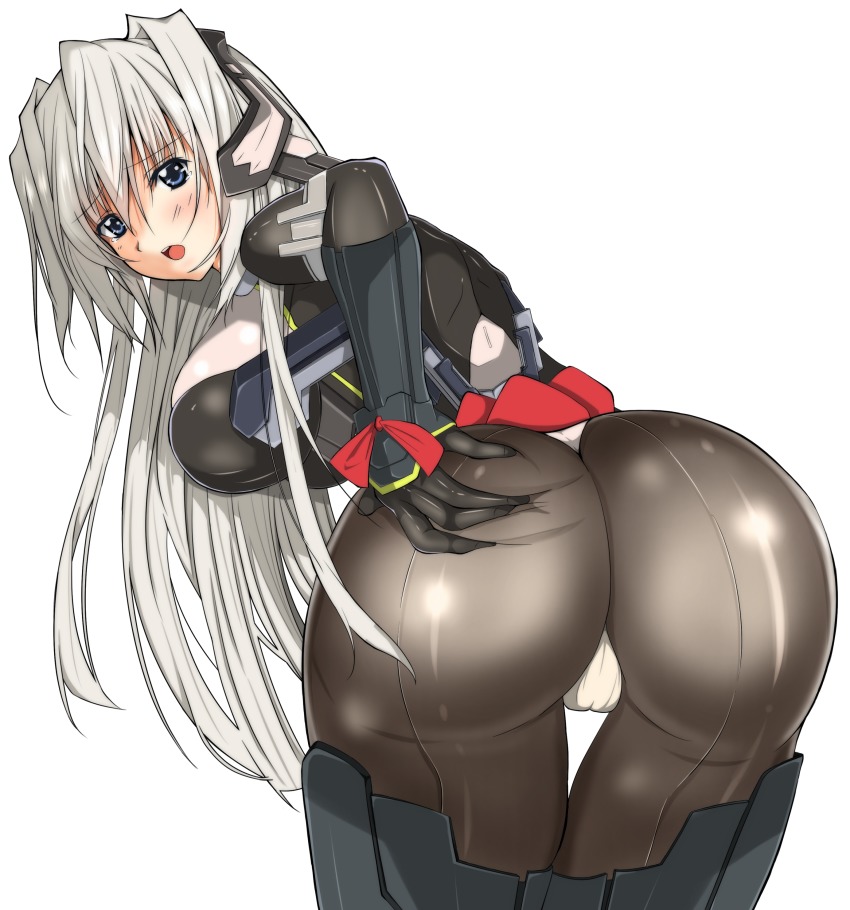 1girl absurdres android armor artist_request ass ass_grab blue_eyes blush bodysuit breasts cameltoe deep_skin female_focus from_behind gloves headgear highres horizon_ariadust huge_ass kyoukaisenjou_no_horizon long_hair looking_at_viewer looking_back open_mouth pantyhose shiny_clothes sideboob silver_hair solo tears thong very_long_hair
