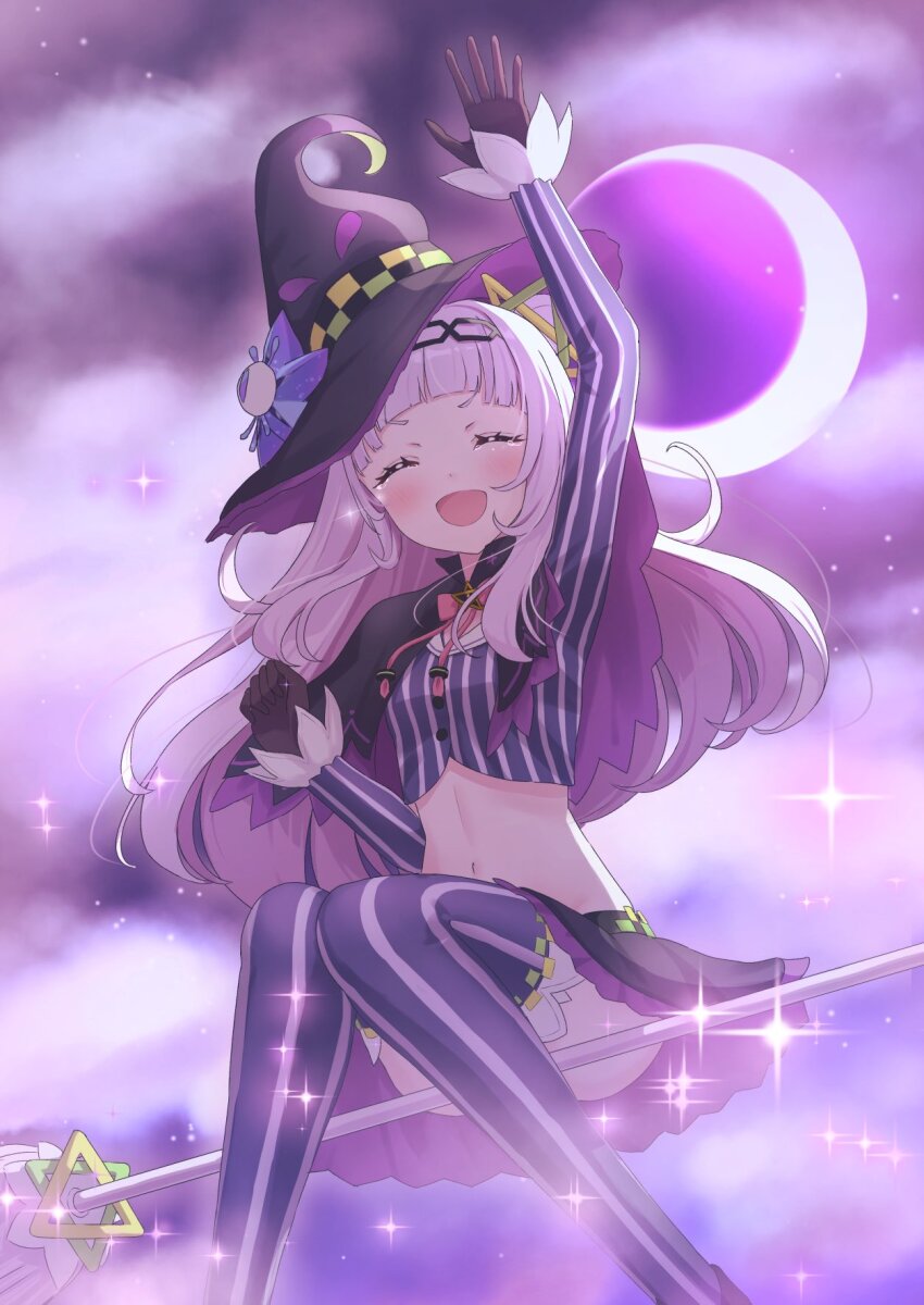 1girl :d arched_bangs arm_up backlighting black_capelet black_gloves black_hat black_skirt blush brooch broom broom_riding buttons capelet clenched_hand cloud cloudy_sky commentary_request crescent_moon cropped_shirt facing_viewer flying fog frilled_skirt frills gloves hair_bun hand_up hat highres hololive jewelry knees_together_feet_apart long_hair long_sleeves magical_girl midriff miniskirt mizuhi_kou moon murasaki_shion murasaki_shion_(1st_costume) navel neck_ribbon open_mouth pink_ribbon purple_moon purple_shirt purple_sky purple_theme purple_thighhighs ribbon shirt side_up_bun sidelocks single_side_bun sitting skirt sky smile solo sparkle sparkling_aura star_brooch striped_clothes striped_shirt striped_thighhighs tears thighhighs two-sided_capelet two-sided_fabric unconventional_broom v-shaped_eyebrows vertical-striped_clothes vertical-striped_shirt vertical-striped_thighhighs virtual_youtuber waving white_hair white_stripes witch_hat