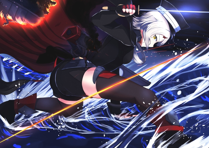 1girl azur_lane black_cape black_hat black_shirt black_shorts black_thighhighs burning_clothes cape fingerless_gloves from_side gloves hat highres holding holding_sword holding_weapon horns kinu_(azur_lane) long_hair looking_at_viewer oni_horns peaked_cap red_gloves sakamoto_(slopepepepe) shirt shorts sideways_glance solo sword thighhighs water weapon white_hair yellow_eyes