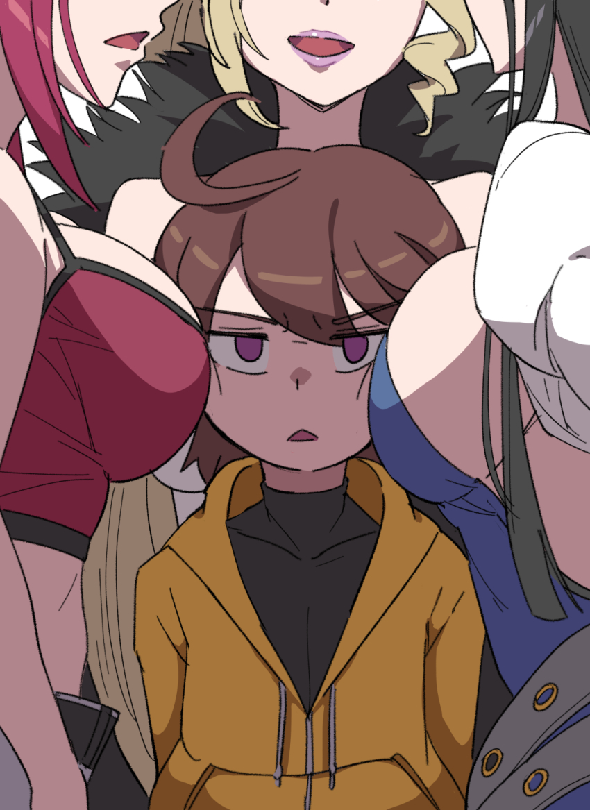 4girls black_hair blonde_hair breast_envy breasts brown_hair french-bread highres hilda_(under_night_in-birth) kaguya_jingu large_breasts linne_(under_night_in-birth) long_hair midriff multiple_girls purple_eyes purple_hair sideboob surrounded surrounded_by_breasts under_night_in-birth yuzuriha_(under_night_in-birth)