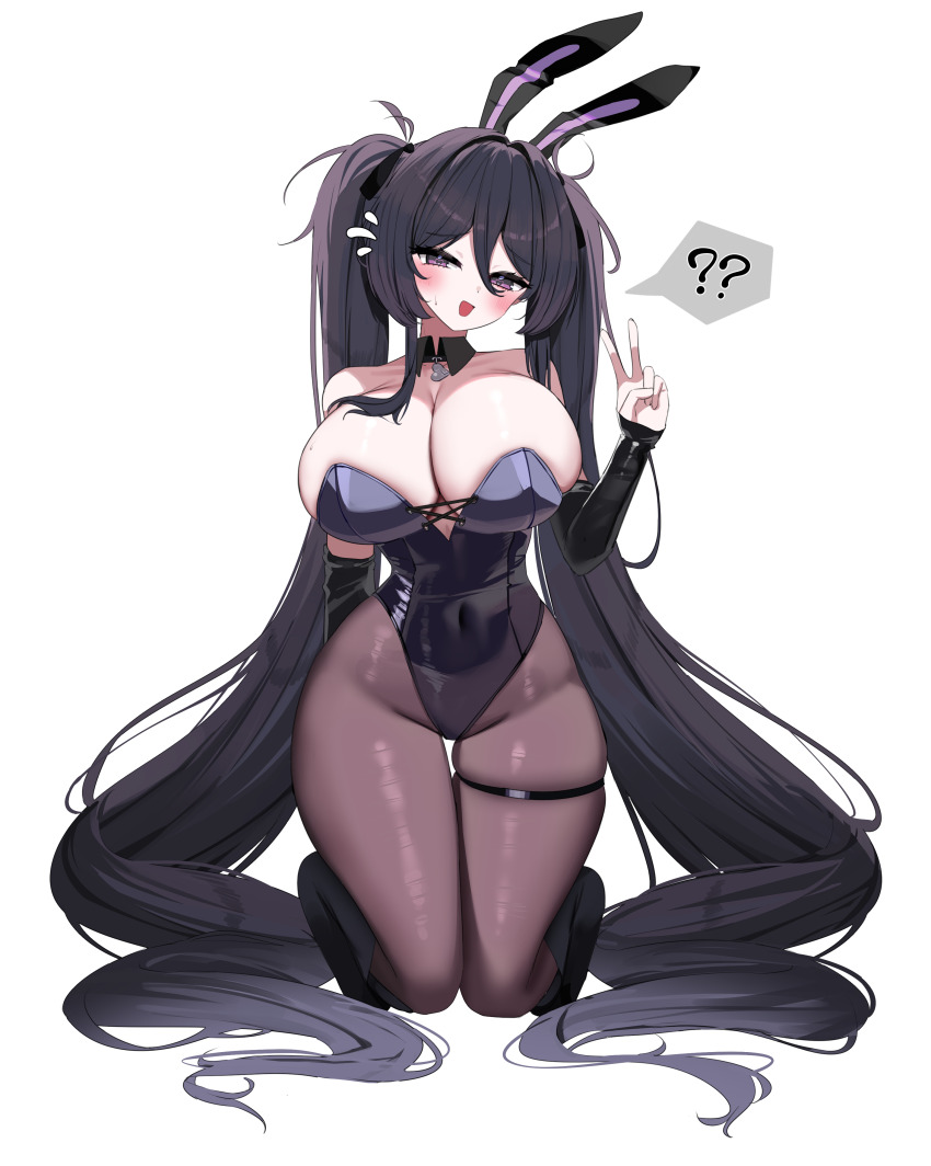 1girl :d ? ?? absurdly_long_hair absurdres animal_costume animal_ears azur_lane bare_shoulders black_hair black_pantyhose blush breasts cleavage collar covered_navel curvy deep_skin detached_collar detached_sleeves facing_viewer flying_sweatdrops hair_between_eyes highres huge_breasts kneeling large_breasts latex latex_leotard leotard long_hair looking_at_viewer narrow_waist nicorima open_mouth pantyhose playboy_bunny purple_eyes rabbit rabbit_costume rabbit_ears simple_background skindentation smile solo spoken_question_mark thick_thighs thighs tilted_head twintails v very_long_hair white_background z11_(azur_lane) z11_(service_sincerity_and_insolvency)_(azur_lane)