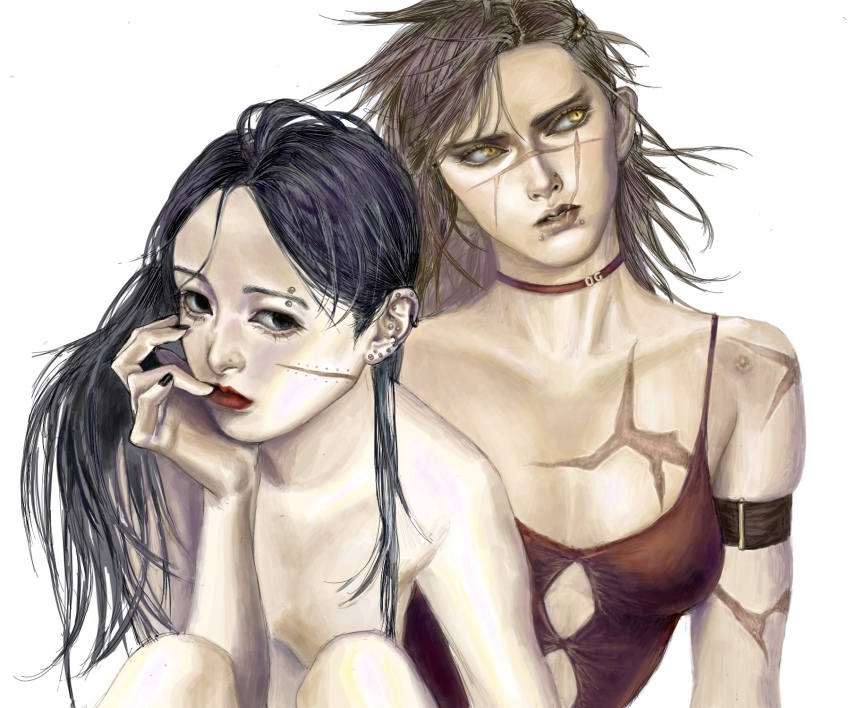 2girls arm_strap balcony black_eyes braid breasts brown_hair bullet_scar camisole cape chinese_commentary cleavage commentary_request cross_scar ear_piercing earrings eyebrow_piercing facial_scar genderswap golden_kamuy hair_behind_ear head_rest highres jewelry longwandb multiple_earrings multiple_girls multiple_scars nude ogata_hyakunosuke parted_lips piercing red_camisole red_cape red_lips scar scar_on_arm scar_on_breasts scar_on_cheek scar_on_chest scar_on_face scar_on_mouth scar_on_nose scar_on_shoulder small_breasts sugimoto_saichi yellow_eyes