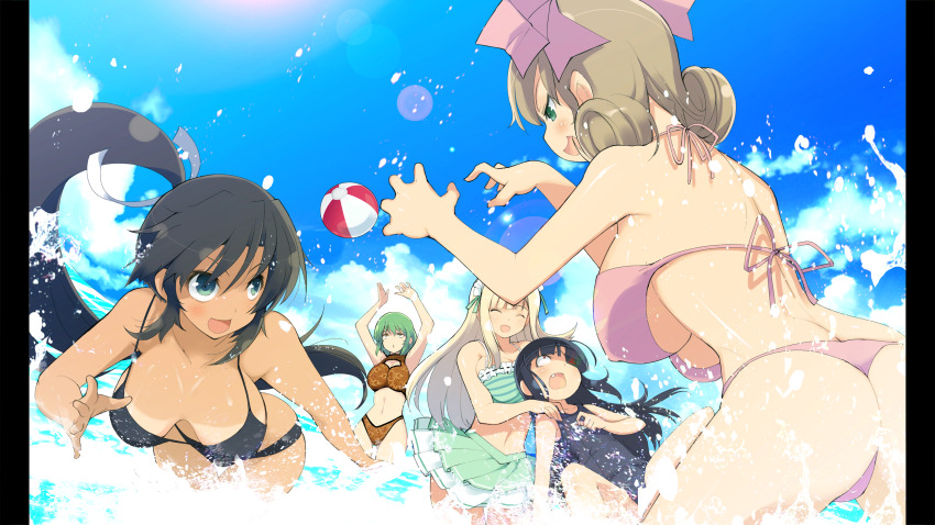 5girls absurdres arms_up ass ball beachball bikini bikini_skirt black_bikini blonde_hair blue_one-piece_swimsuit blue_sky blunt_bangs breasts brown_bikini brown_hair butt_crack closed_eyes cloud curly_hair dark-skinned_female dark_skin eyepatch fang game_cg green_bikini green_eyes green_hair hair_ribbon hand_on_another&#039;s_shoulder haruka_(senran_kagura) highres hikage_(senran_kagura) homura_(senran_kagura) large_breasts leaning_back leaning_forward long_hair looking_at_viewer looking_up medium_hair mirai_(senran_kagura) multiple_girls navel non-web_source official_art one-piece_swimsuit open_mouth outdoors pillarboxed pink_bikini pink_ribbon ponytail ribbon school_swimsuit senran_kagura senran_kagura_burst short_hair skirt sky smile spread_legs sunlight swimsuit tan tanline thong_bikini underboob wading water water_drop wet wide-eyed yaegashi_nan yomi_(senran_kagura)