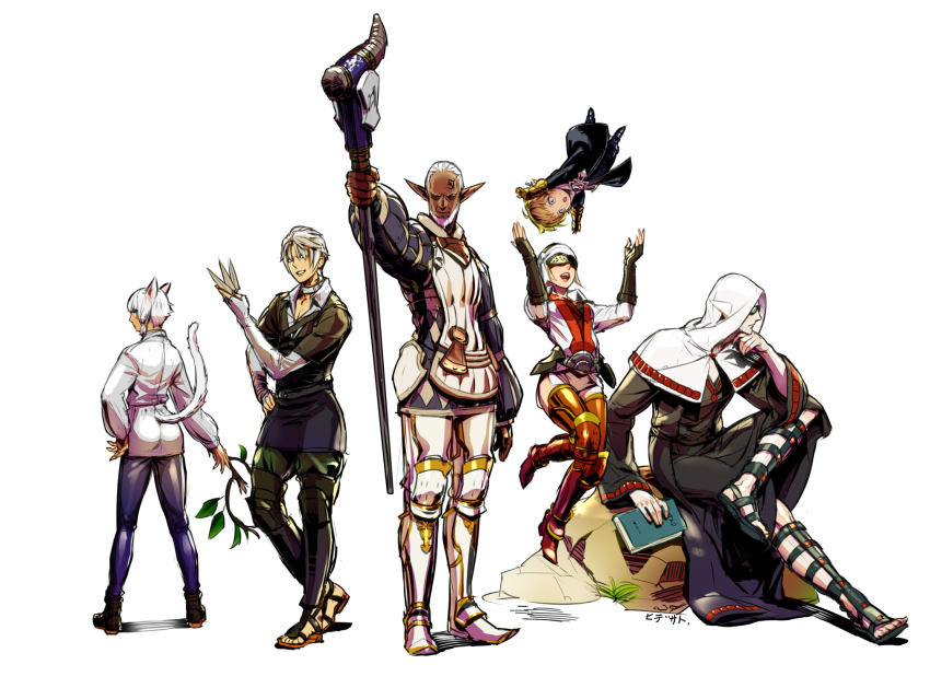10s animal_ears armor book cat_ears cat_tail final_fantasy final_fantasy_xiv greaves highres louisoix_leveilleur menskan multiple_boys multiple_girls papalymo pointy_ears rock sandals staff tail thancred urianger_augurelt white_background y&#039;shtola_rhul yda_(ff14)