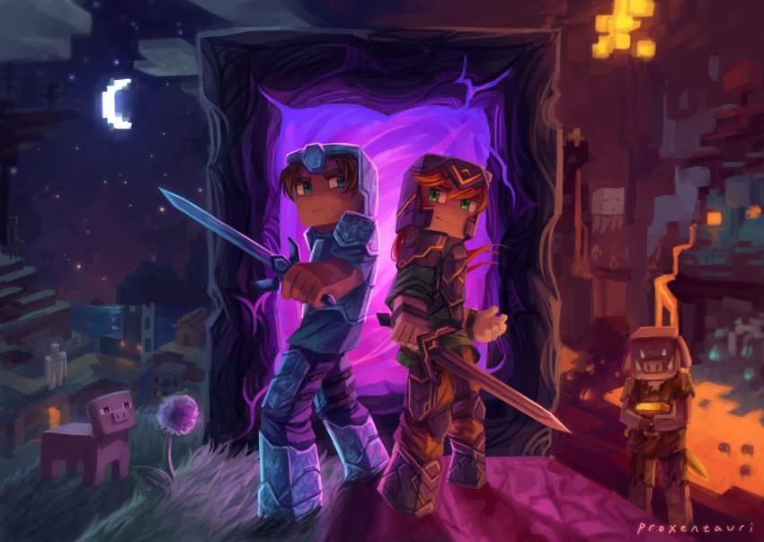 1boy 1girl absurdres alex_(minecraft) allium_(flower) animal_ears aqua_fire armor artist_name back-to-back bioluminescence blank_eyes block_(object) blue_eyes blue_shirt blurry blurry_background bone bracelet breastplate brown_hair brown_pants brown_shirt building church closed_mouth cloud commentary creature crescent_moon deviantart_username diamond_(gemstone) dirt enderman english_commentary fire flower flying forest fossil from_above full_body ghast giant_mushroom glowing gold_bar grass green_eyes green_shirt hair_between_eyes helmet highres holding holding_sword holding_weapon house instagram_username iron_golem_(minecraft) jewelry lava leg_armor long_hair looking_at_another looking_at_viewer making-of_available minecraft minecraft_sword monster moon mushroom nature nether_portal night night_sky obsidian_rock orange_hair outdoors pants pig pig_(minecraft) pig_ears pig_snout piglin pixel_art proxentauri purple_flower serious shirt short_hair short_sleeves sky three-quarter_sleeves smile solid_eyes standing star_(sky) starry_sky steve_(minecraft) strider_(minecraft) sword the_nether_(minecraft) torn_clothes torn_pants tree tumblr_username tusks twitter_username village water weapon youtube_username