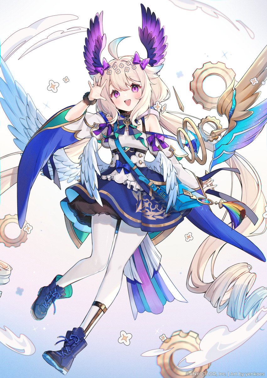 :d ahoge bare_shoulders blonde_hair blue_nails blue_skirt blush drill_hair enna_alouette enna_alouette_(1st_costume) full_body head_wings high-waist_skirt highres jewelry long_hair nijisanji nijisanji_en open_mouth pantyhose purple_eyes ring shoes simple_background skirt smile twintails very_long_hair virtual_youtuber white_pantyhose wide_sleeves wings yenkoes