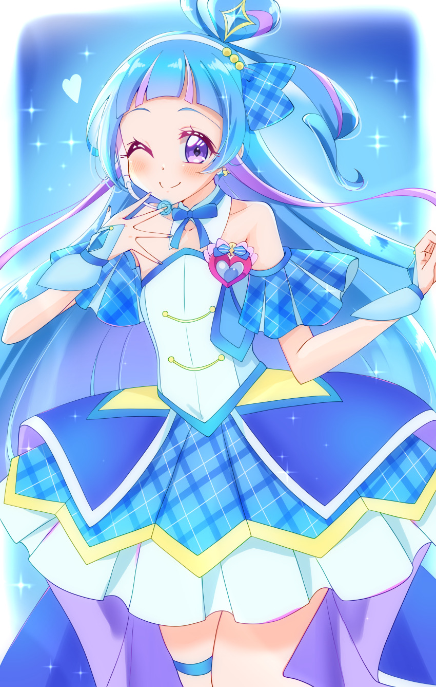 1girl absurdres aokaze_nana blue_bow blue_bowtie blue_hair blue_shirt blue_skirt blush bow bowtie brooch closed_mouth commentary cure_wink detached_collar earrings hair_bun hairband headset heart heart_brooch heart_hair_bun highres jewelry kimi_to_idol_precure long_hair magical_girl multicolored_hair one_eye_closed precure purple_eyes shirt skirt smile solo strapless strapless_shirt sugimura_mickey two-tone_hair white_hairband wrist_cuffs