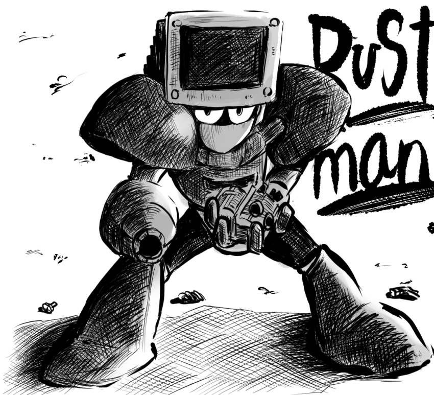 1boy arm_cannon character_name dust_man holding looking_at_viewer male_focus mega_man_(classic) mega_man_(series) mega_man_4 monochrome robot shadow solo standing sun226picture weapon white_background