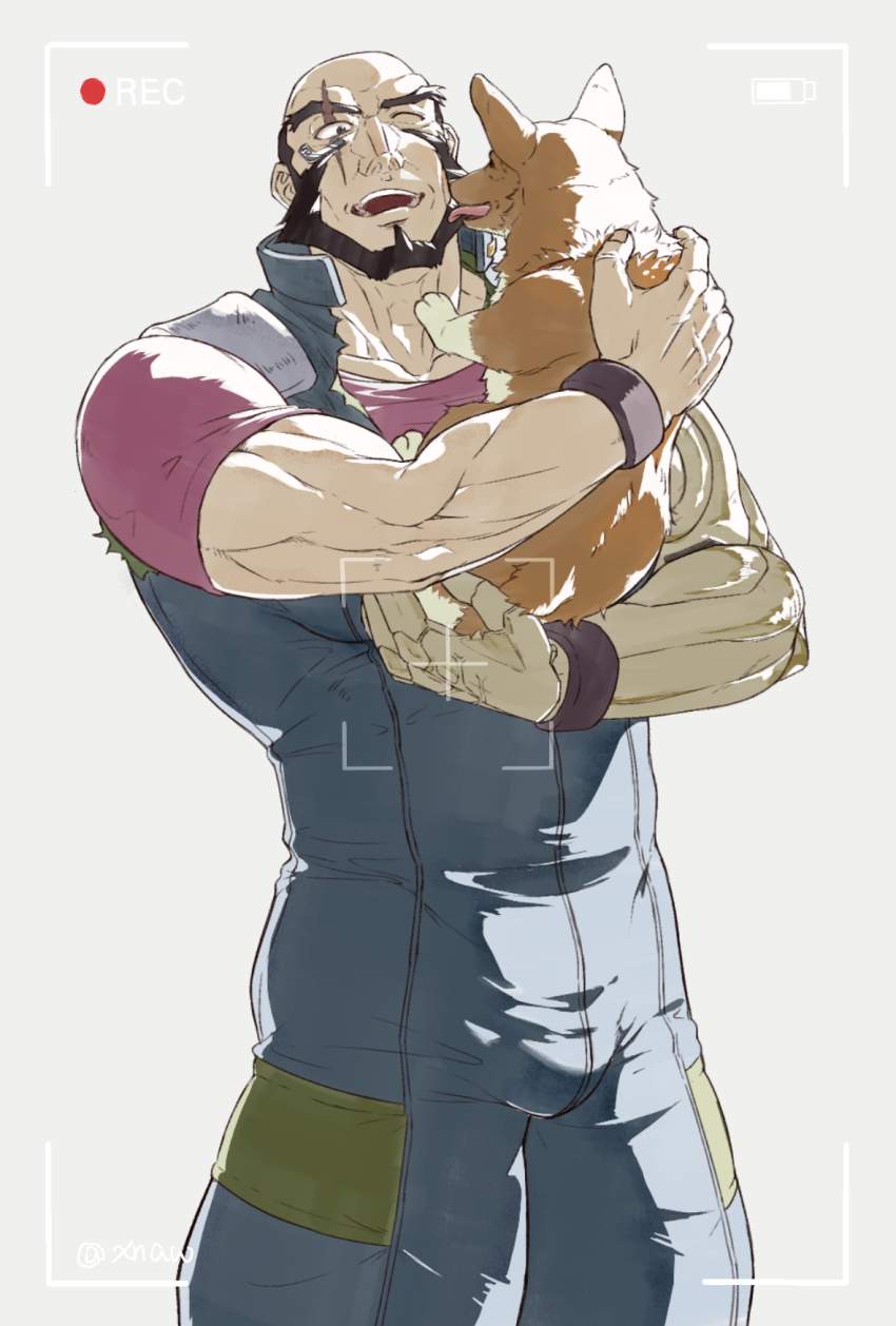 :d animal bald bara beard black_hair bulge cowboy_bebop dog ein_(cowboy_bebop) facial_hair haku_(pixiv_98785262) highres holding holding_animal holding_dog hug jet_black licking licking_another&#039;s_face mature_male muscular muscular_male one_eye_closed open_mouth scar scar_across_eye scar_on_face short_sleeves simple_background smile standing thick_eyebrows viewfinder