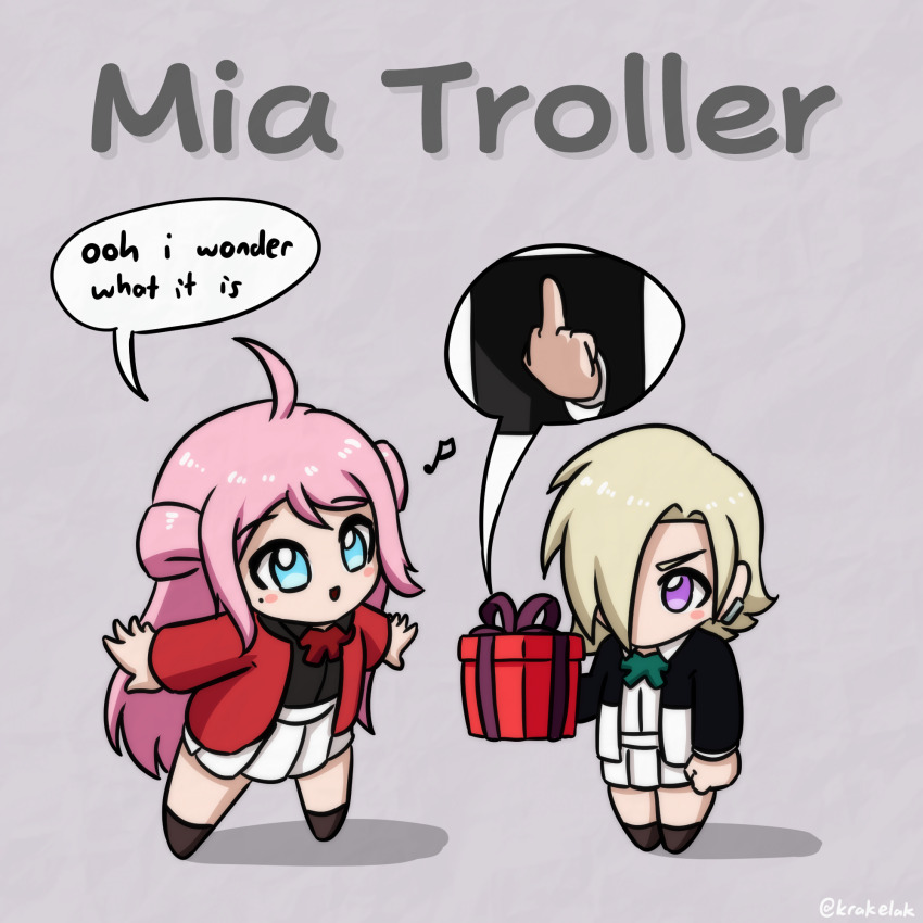 2girls :d ahoge black_jacket black_shirt blonde_hair blue_eyes blush_stickers box chibi chibi_only ear_piercing eighth_note english_text fanged_bangs gift gift_box green_ribbon grey_background hair_over_one_eye hair_rings highres jacket krakelak leaning_forward long_hair long_sleeves looking_at_another looking_at_object love_live! love_live!_nijigasaki_high_school_idol_club mia_taylor middle_finger mole mole_under_eye multiple_girls musical_note neck_ribbon nijigasaki_school_uniform no_mouth one_eye_covered open_mouth outstretched_arms piercing pink_hair pleated_skirt pun purple_eyes red_jacket red_ribbon ribbon school_uniform shirt short_hair sidelocks skirt smile speech_bubble text_focus twitter_username white_shirt white_skirt zhong_lanzhu