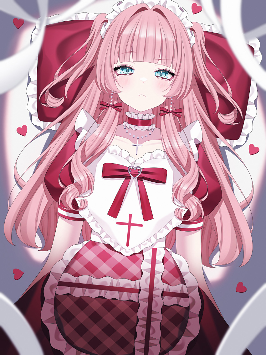 1girl absurdres aegyo_sal aqua_eyes blush bow choker closed_mouth collarbone commentary cross cross_necklace curly_hair dress frilled_choker frills hair_intakes heart highres jewelry long_hair looking_at_viewer lying maid maid_headdress necklace on_back original pillow pink_bow pink_choker pink_dress pink_hair pink_ribbon plaid_clothes plaid_dress raised_eyebrow ribbon ribbon_earrings short_sleeves solo symbol-only_commentary twintails two_side_up wanko_(yurika0320)