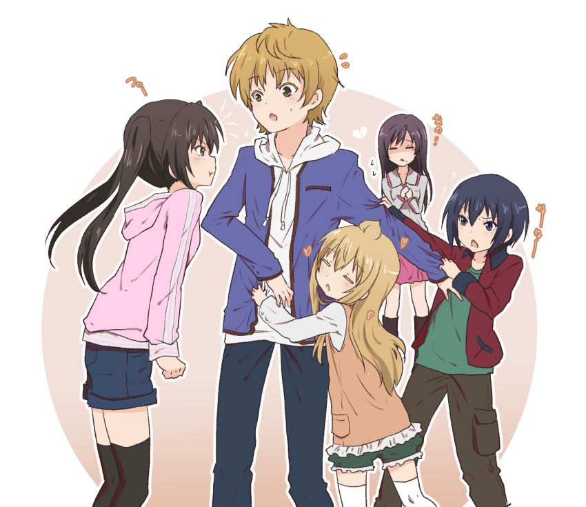 1boy 4girls :o :t ahoge bad_id bad_pixiv_id banchii black_eyes black_hair black_socks blonde_hair blue_hair blue_jacket blush broken_heart brown_eyes brown_hair closed_eyes clothes_grab collarbone colored_eyelashes crying flying_sweatdrops frills fujioka_(minami-ke) hair_between_eyes heart highres hood jacket jealous kneehighs long_hair long_sleeves looking_at_another minami-ke minami_chiaki minami_kana minami_touma multiple_girls open_clothes open_jacket open_mouth own_hands_together pants pink_jacket pink_skirt pocket riko shirt short_hair short_shorts shorts siblings simple_background sisters skirt socks standing sweatdrop tears thighhighs track_jacket triangle_mouth twintails white_background white_legwear white_shirt zettai_ryouiki