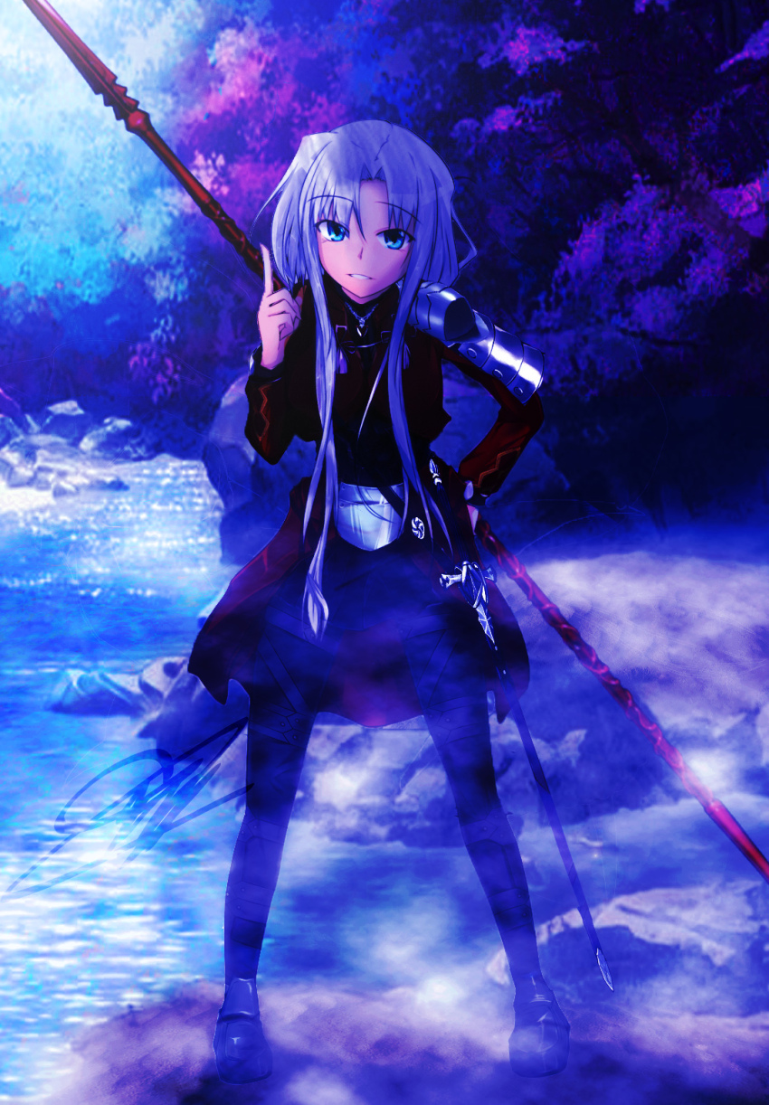 1girl alternate_eye_color archerko_(himura_kiseki) dreimdal fate/grand_order fate/stay_night fate_(series) fog forest gae_bolg_(fate) highres holding_behind_back holding_polearm holding_polearm_behind_back holding_weapon holding_weapon_behind_back illyasviel_von_einzbern long_hair long_sleeves looking_at_viewer nature pointing polearm solo spear sword very_long_hair weapon white_hair